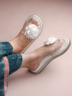 Alberto Torresi White Floral Slide Sandals – Elegant Party Wear With Crystal Detailing -Urban Shoes Store 1001 WHITE 8