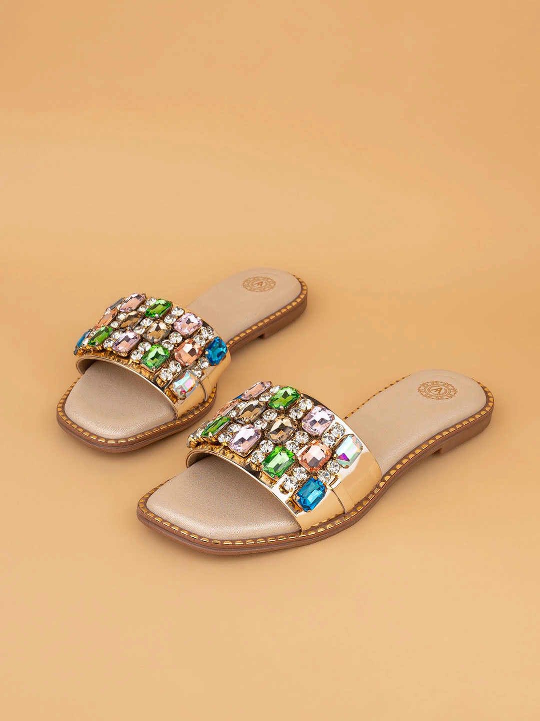Aberto Torresi Gold Embellished Slide Sandals – Luxe Design With Multicolor Crystals 5 Aberto Torresi Gold Embellished Slide Sandals – Luxe Design With Multicolor Crystals - Image 5