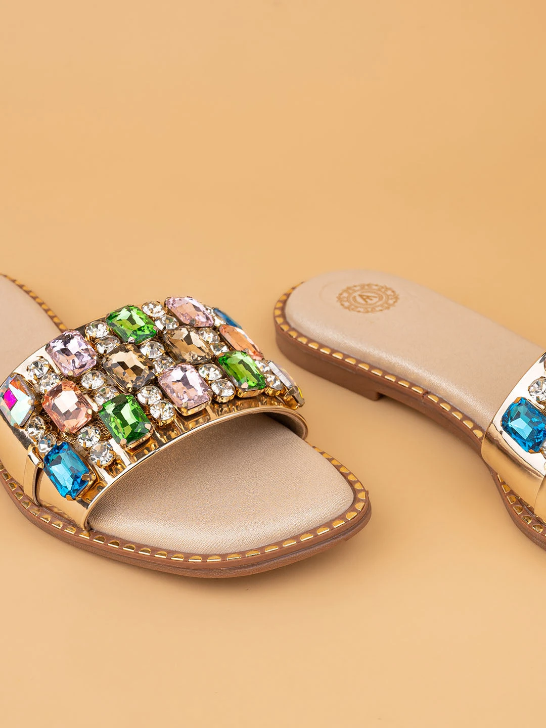 Aberto Torresi Gold Embellished Slide Sandals – Luxe Design With Multicolor Crystals 7 Aberto Torresi Gold Embellished Slide Sandals – Luxe Design With Multicolor Crystals - Image 7