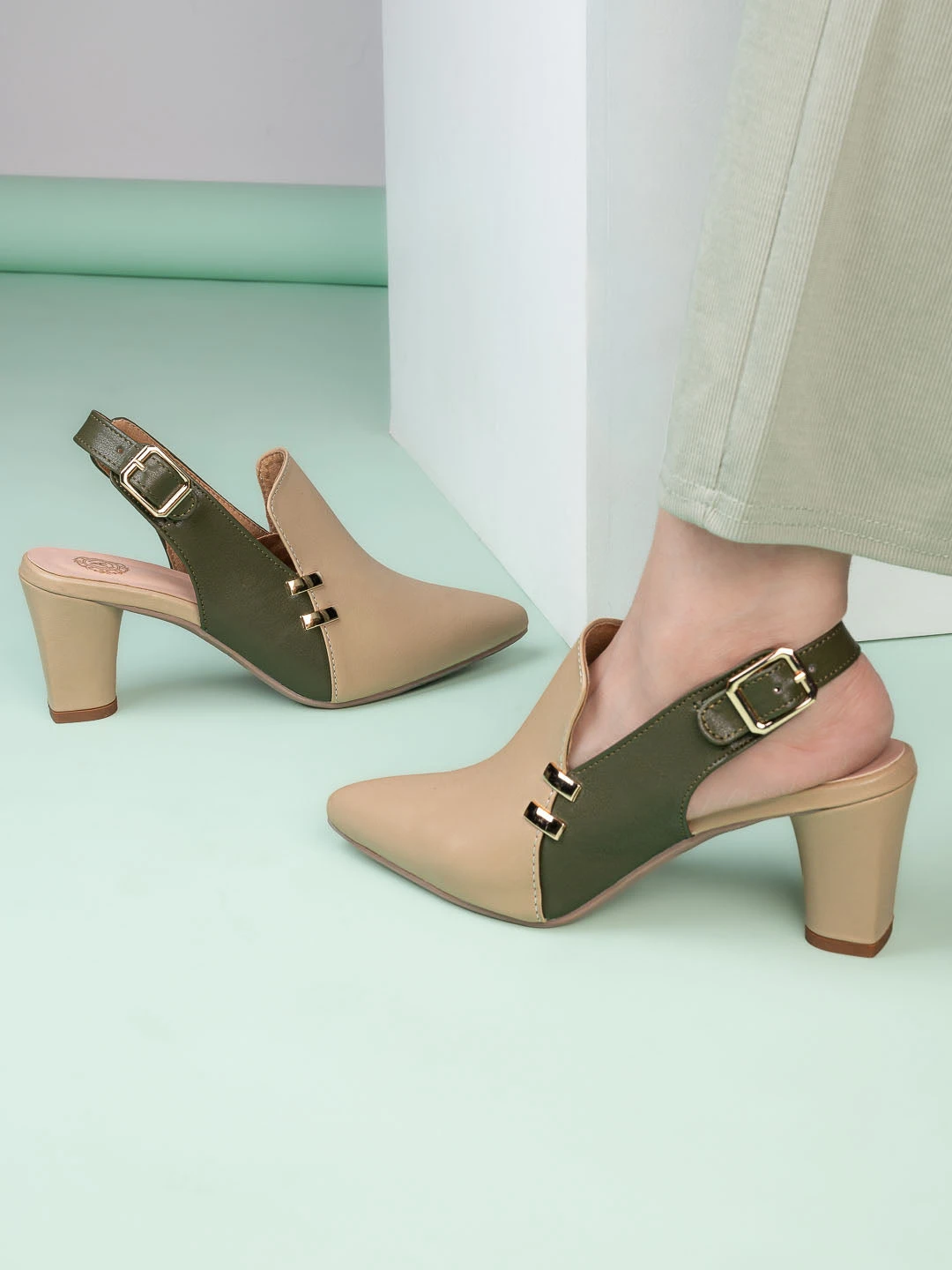 Alberto Torresi Women’s Baige & Olive Slingback Block Heels 8 Alberto Torresi Women’s Baige & Olive Slingback Block Heels - Image 8