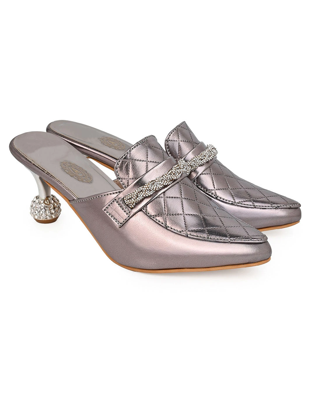 Alberto Torresi Women’s Metallic Quilted Mules With Embellished Heels 1 Alberto Torresi Women’s Metallic Quilted Mules With Embellished Heels