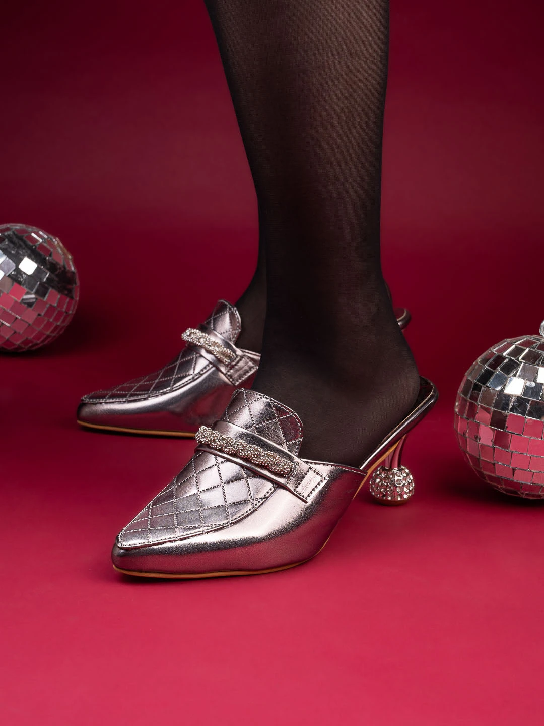 Alberto Torresi Women’s Metallic Quilted Mules With Embellished Heels 7 Alberto Torresi Women’s Metallic Quilted Mules With Embellished Heels - Image 7