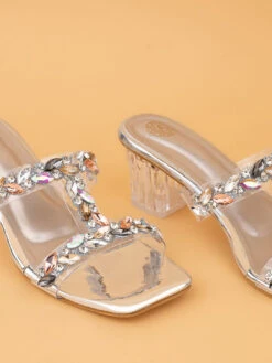 Aberto Torresi Embellished Slip-On Transparent StrapBlock Heels -Urban Shoes Store 1024 Silver 6