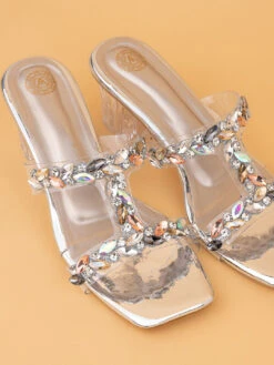 Aberto Torresi Embellished Slip-On Transparent StrapBlock Heels -Urban Shoes Store 1024 Silver 7