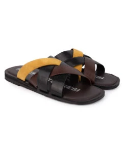 Alberto Torresi 271 Trendy Non Stitched StrapBlack Leather Men Slippers -Urban Shoes Store 59271 BLACK YELLOW 2