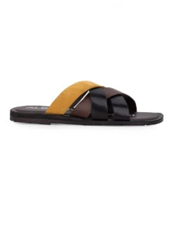 Alberto Torresi 271 Trendy Non Stitched StrapBlack Leather Men Slippers -Urban Shoes Store 59271 BLACK YELLOW 4
