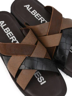 Alberto Torresi 272 Trendy Non Stitched Strap Black Leather Slippers -Urban Shoes Store 59272 BLACK CROCO 7