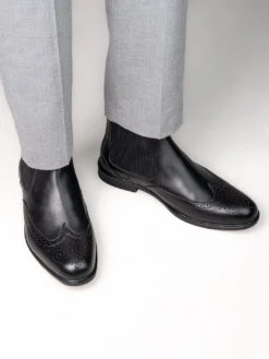 Alberto Torresi Black Leather Brogue Chelsea Boots For Men