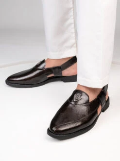 Alberto Torresi Brown Patent Crinkle Peshawari Sandal With Padded Insole