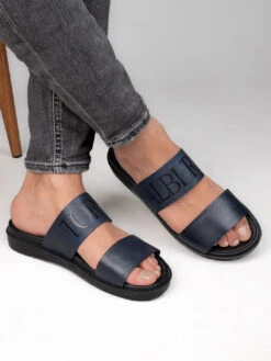 Alberto Torresi PVC Printed Branding Textured Blue Leather Men Slippers