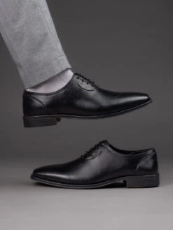 Black Leather Lace Up Shoes For Men With Sneaker Footpad